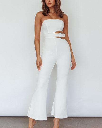 White Cut-Out Buckle Waist Jumpsuit