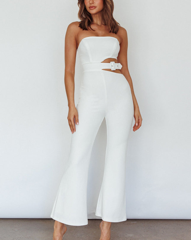 White Cut-Out Buckle Waist Jumpsuit