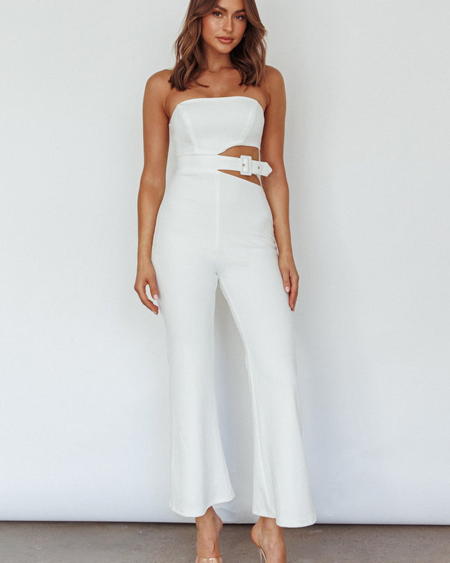 White Cut-Out Buckle Waist Jumpsuit