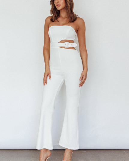 White Cut-Out Buckle Waist Jumpsuit