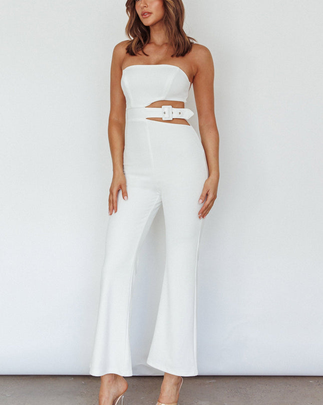 White Cut-Out Buckle Waist Jumpsuit