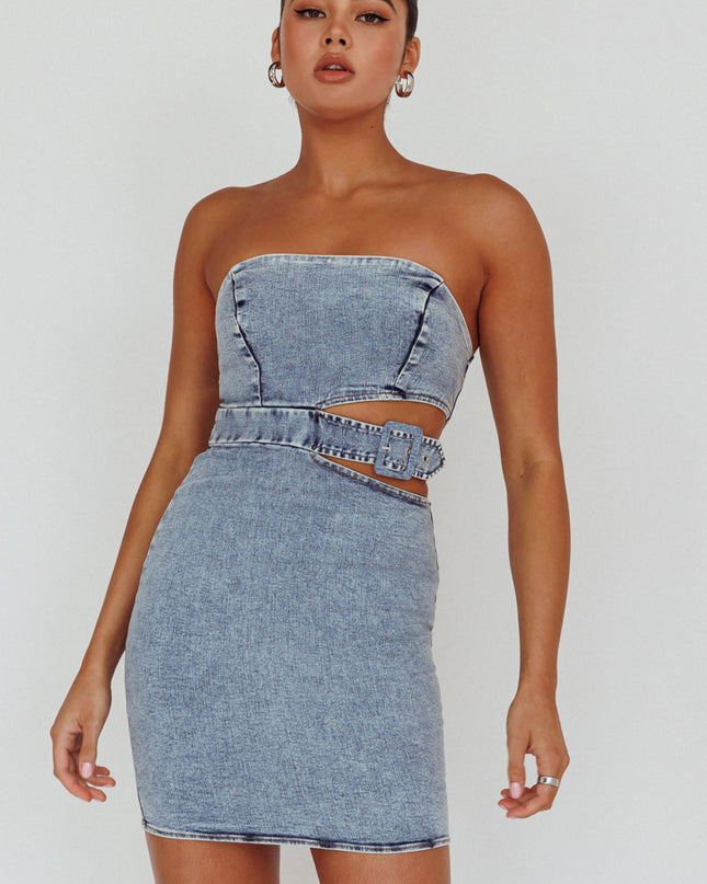 Denim Blue Buckle Waist Mini Dress