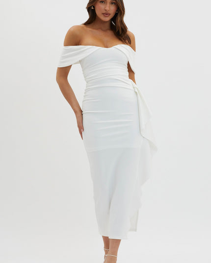 White Off-Shoulder Side Ruffle Maxi Dress