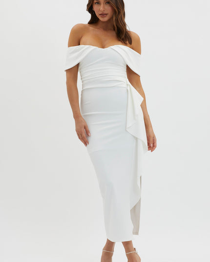 White Off-Shoulder Side Ruffle Maxi Dress