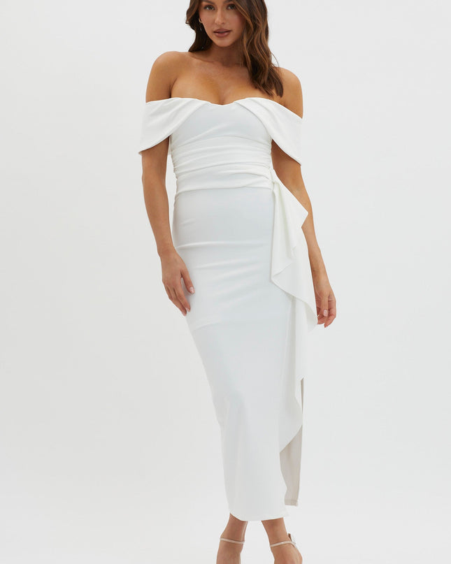 White Off-Shoulder Side Ruffle Maxi Dress