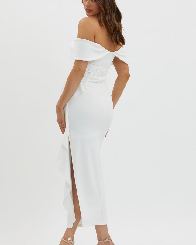 White Off-Shoulder Side Ruffle Maxi Dress