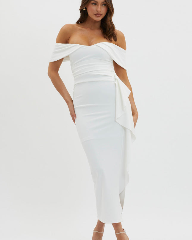 White Off-Shoulder Side Ruffle Maxi Dress