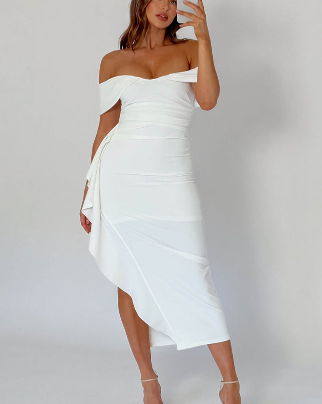 White Off-Shoulder Side Ruffle Maxi Dress