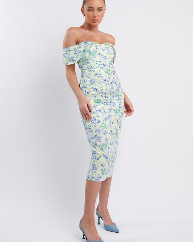 Blue Off-Shoulder Midi Dress Floral