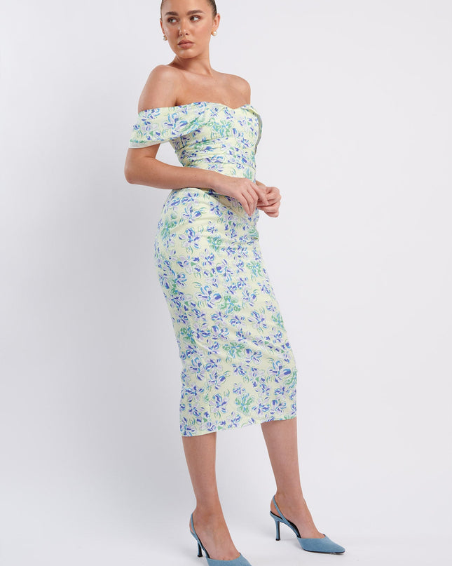 Blue Off-Shoulder Midi Dress Floral
