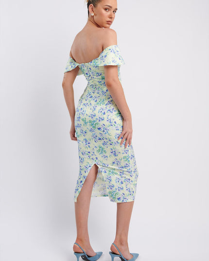Blue Off-Shoulder Midi Dress Floral