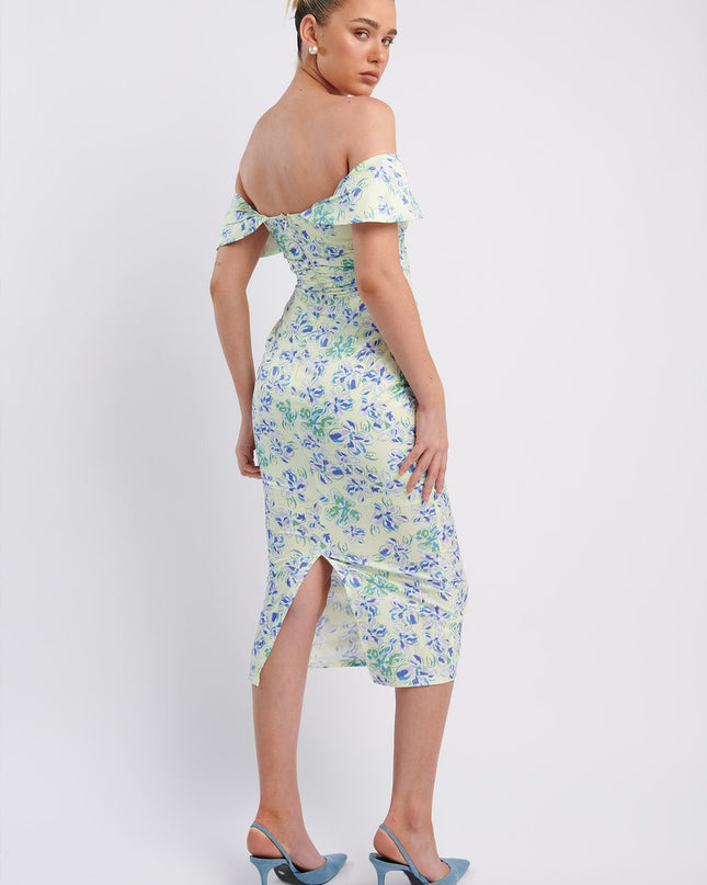 Blue Off-Shoulder Midi Dress Floral
