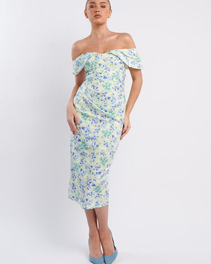 Blue Off-Shoulder Midi Dress Floral