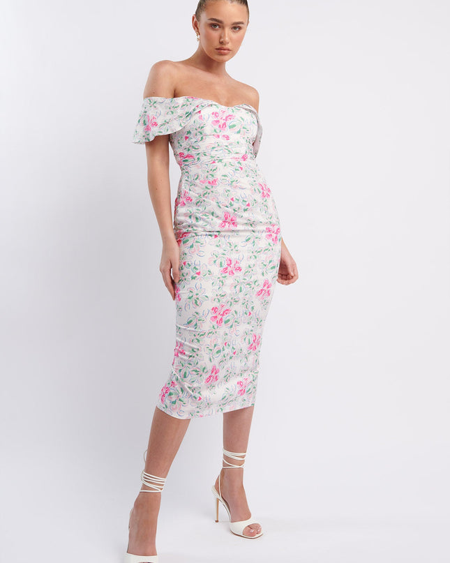 Pink Off-Shoulder Midi Dress Floral
