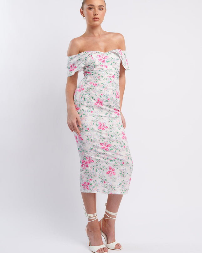 Pink Off-Shoulder Midi Dress Floral