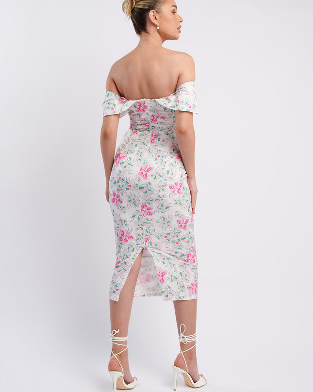 Pink Off-Shoulder Midi Dress Floral