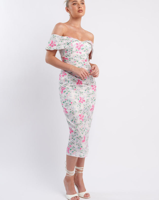Pink Off-Shoulder Midi Dress Floral