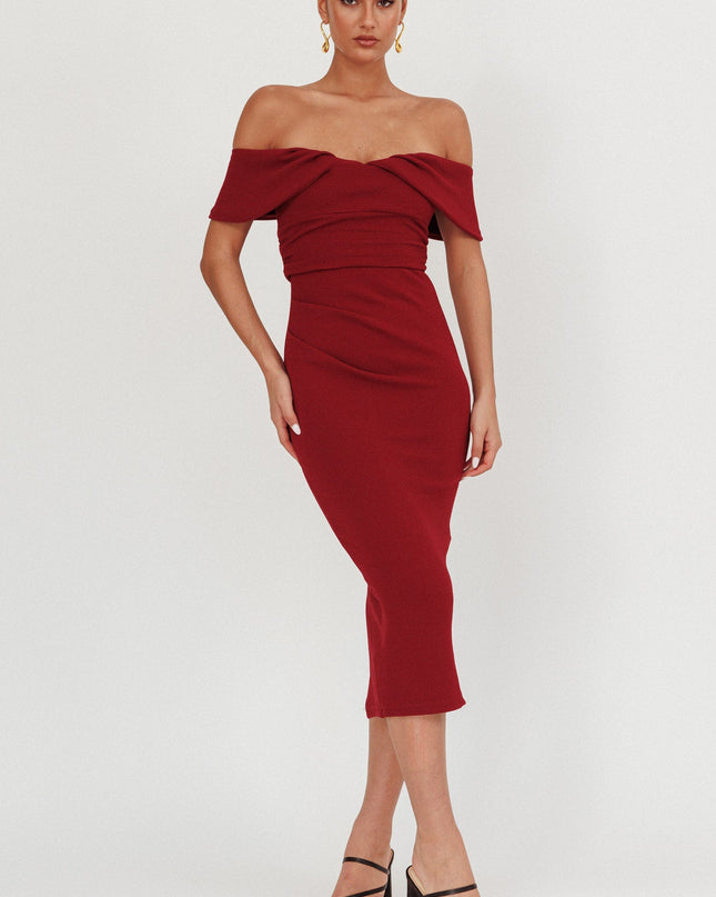 Wine Off-Shoulder Midi Dress