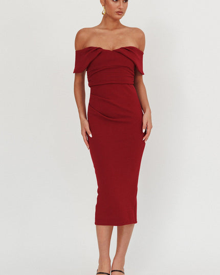 Wine Off-Shoulder Midi Dress