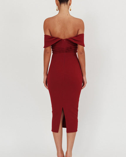 Wine Off-Shoulder Midi Dress
