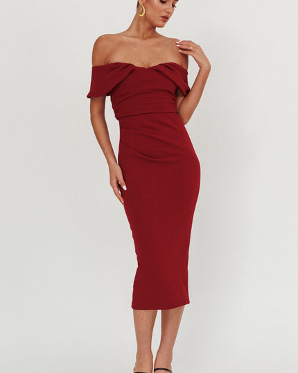 Wine Off-Shoulder Midi Dress