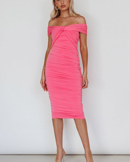Pink Off-Shoulder Midi Dress