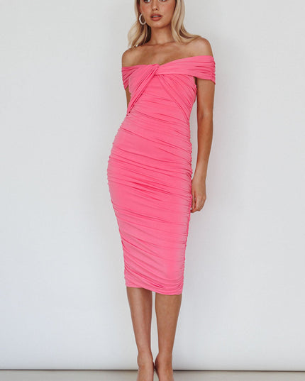 Pink Off-Shoulder Midi Dress