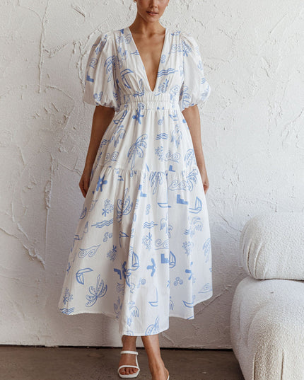 White V-Neckline Midi Dress Printed