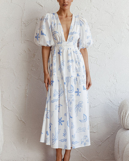White V-Neckline Midi Dress Printed