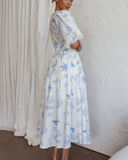 White V-Neckline Midi Dress Printed