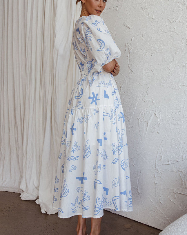 White V-Neckline Midi Dress Printed