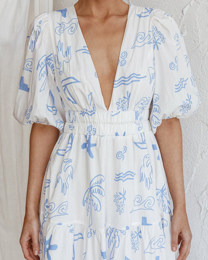 White V-Neckline Midi Dress Printed