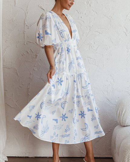 White V-Neckline Midi Dress Printed