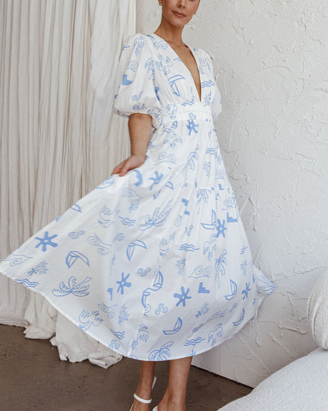 White V-Neckline Midi Dress Printed