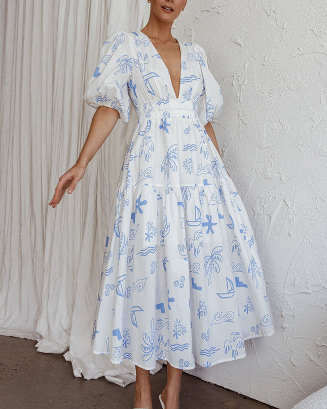 White V-Neckline Midi Dress Printed