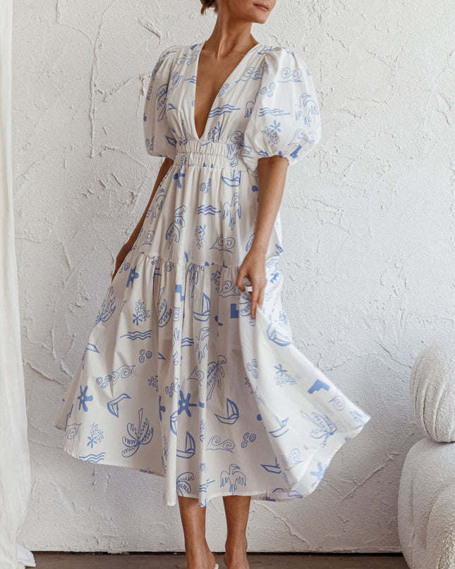 White V-Neckline Midi Dress Printed