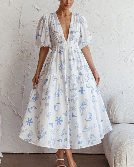 White V-Neckline Midi Dress Printed