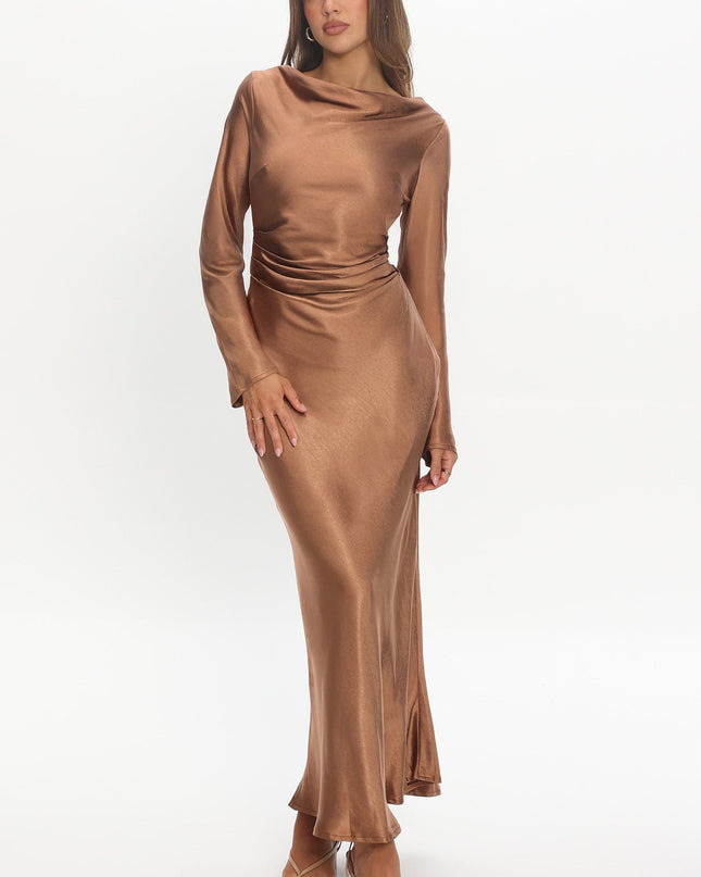 Brown Cowl Back Midi Dress