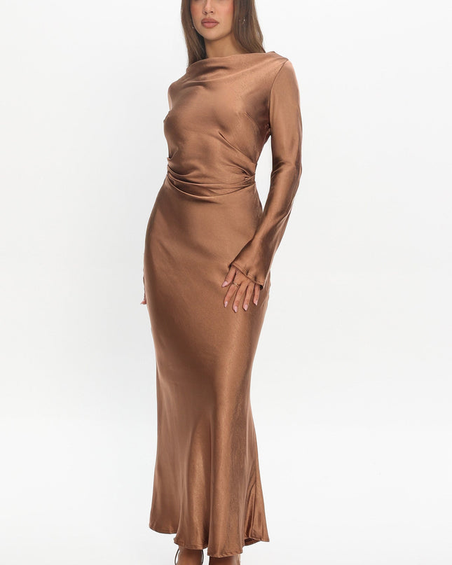 Brown Cowl Back Midi Dress