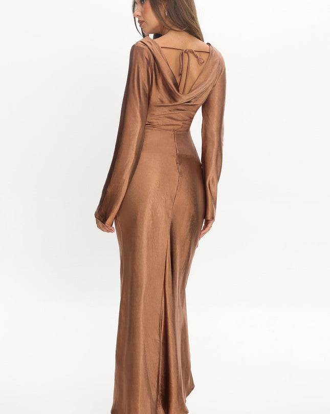 Brown Cowl Back Midi Dress
