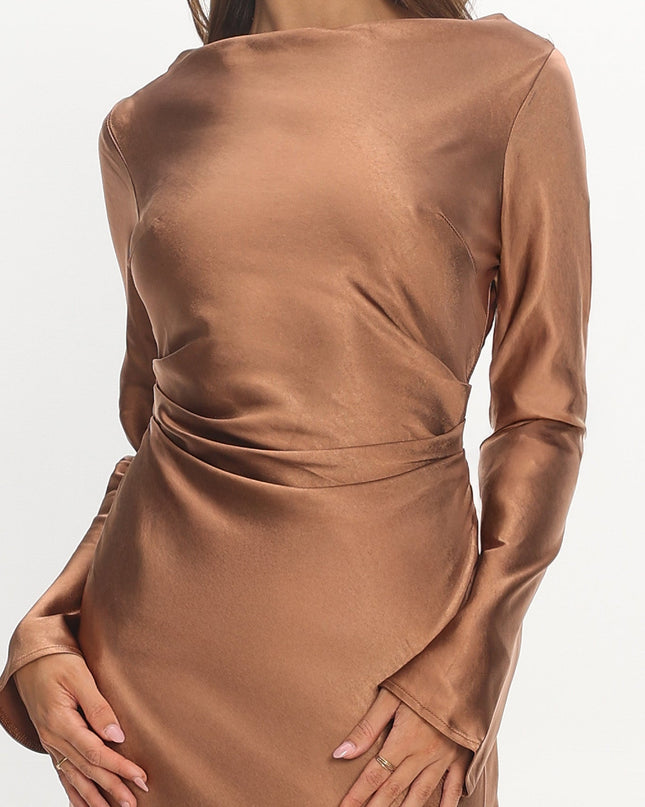 Brown Cowl Back Midi Dress