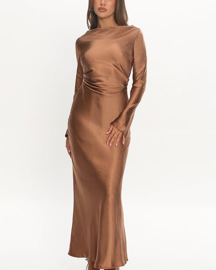 Brown Cowl Back Midi Dress
