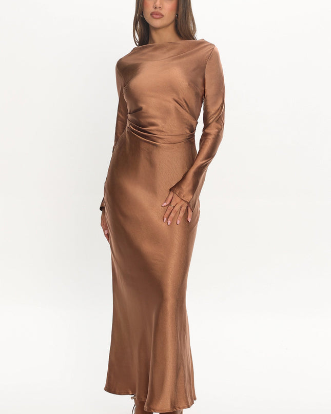 Brown Cowl Back Midi Dress