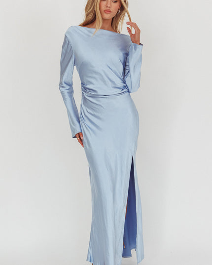 Blue Long Sleeve Cowl Back Maxi Dress