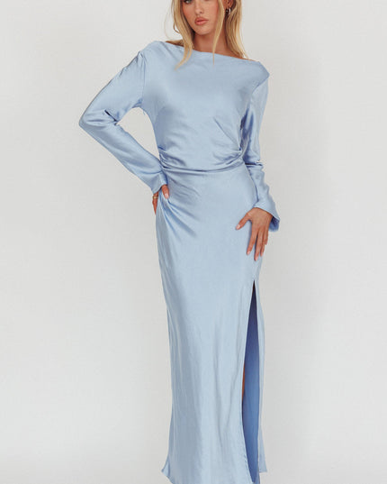 Blue Long Sleeve Cowl Back Maxi Dress