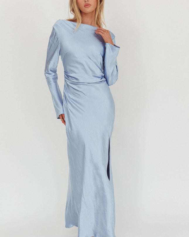 Blue Long Sleeve Cowl Back Maxi Dress