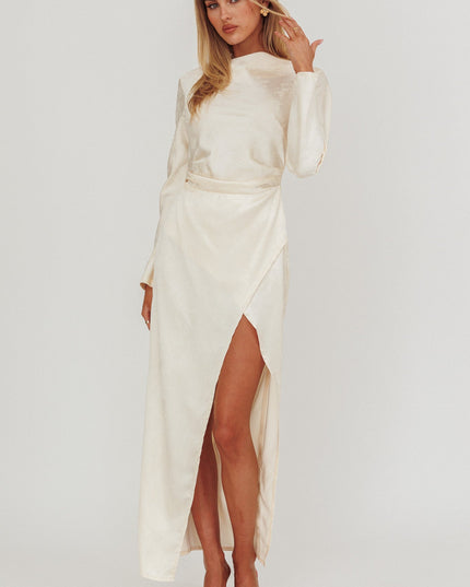 Beige Long Sleeve Cowl Back Maxi Dress