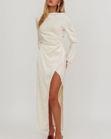 Beige Long Sleeve Cowl Back Maxi Dress