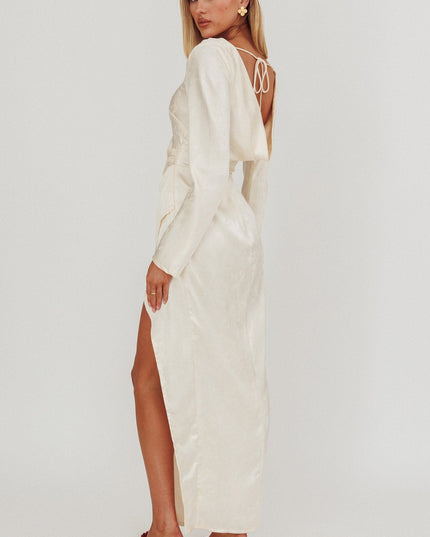Beige Long Sleeve Cowl Back Maxi Dress