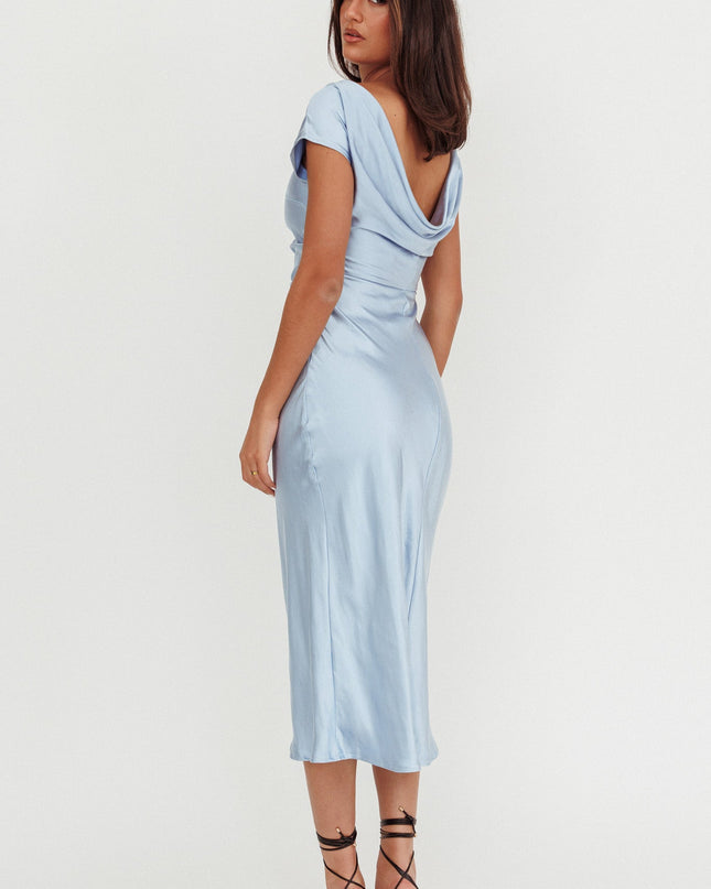 Baby Blue Cap Sleeve Cowl Back Midi Dress